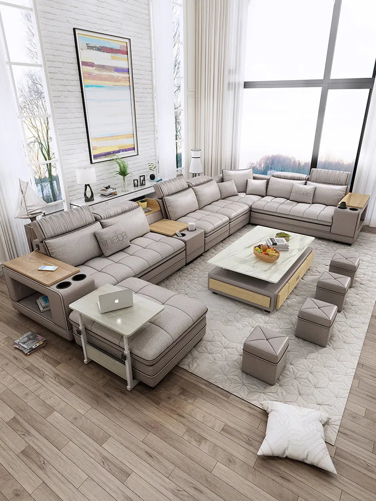 MANBAS Modern Fabric Sofa Set with Bluetooth Speaker Sound System Living Room Sofas Big U Shape Corner Cloth Couch with Stools