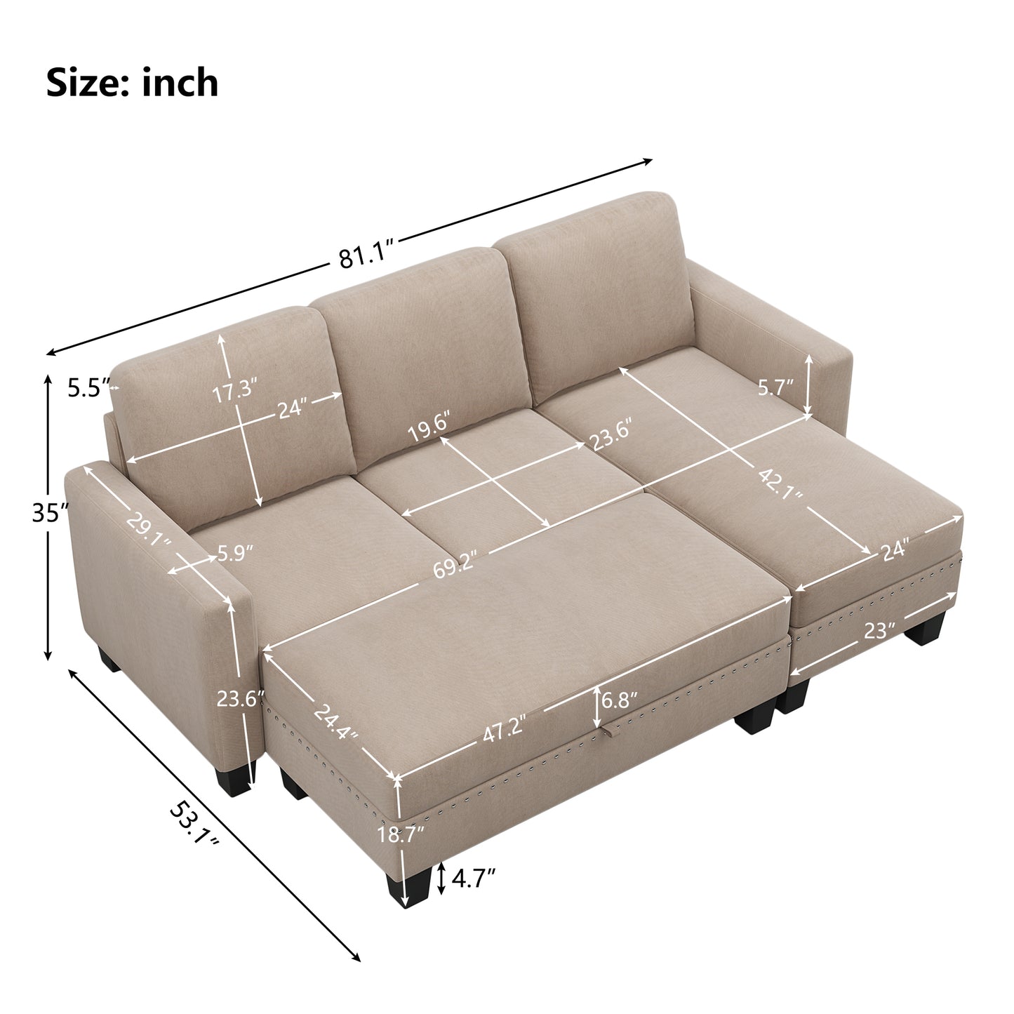 [New]81& Nailheaded Textured Fabric 3 pieces,Sofa,Square Ottoman,Rectangle Storage Ottoman,Warm Grey