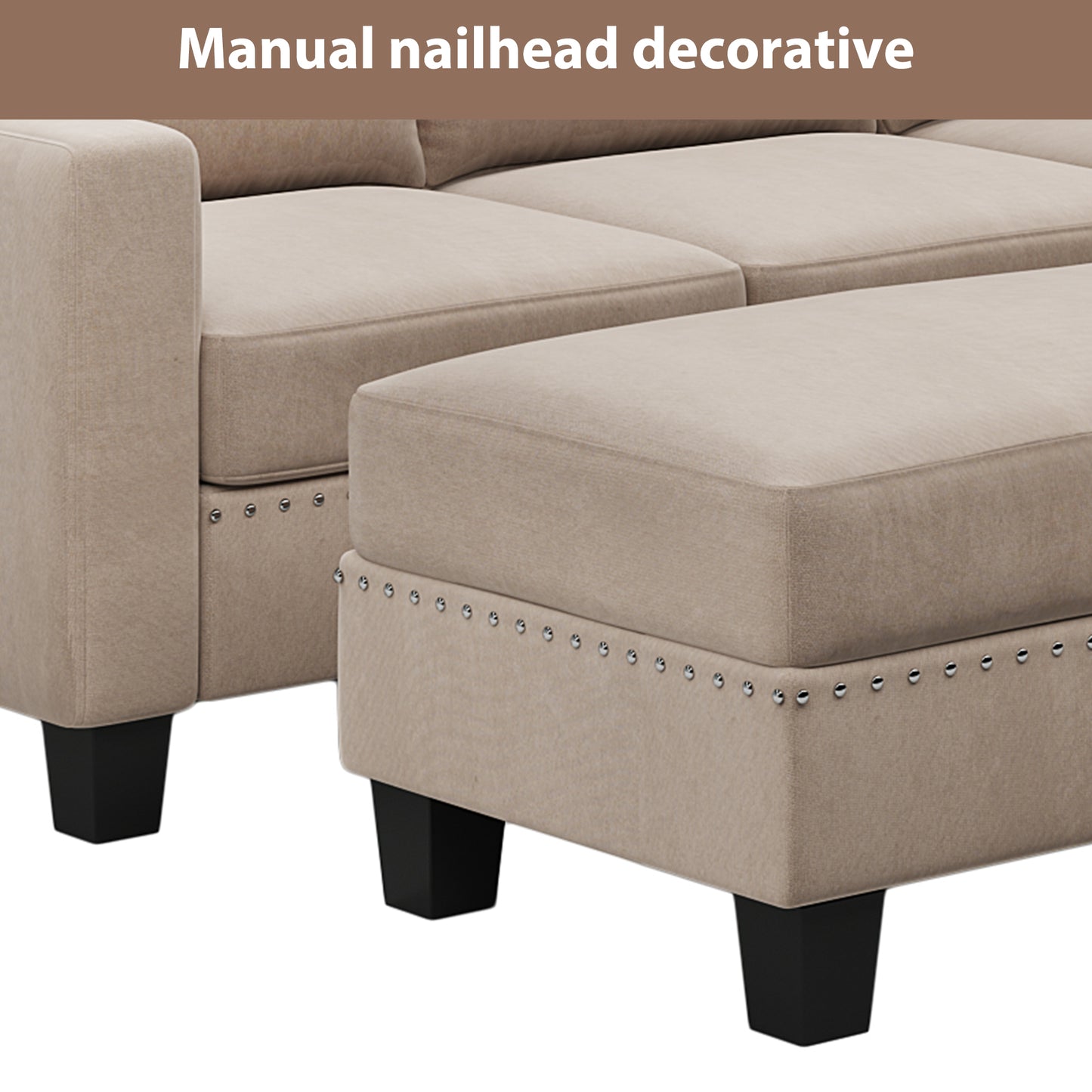 [New]81& Nailheaded Textured Fabric 3 pieces,Sofa,Square Ottoman,Rectangle Storage Ottoman,Warm Grey