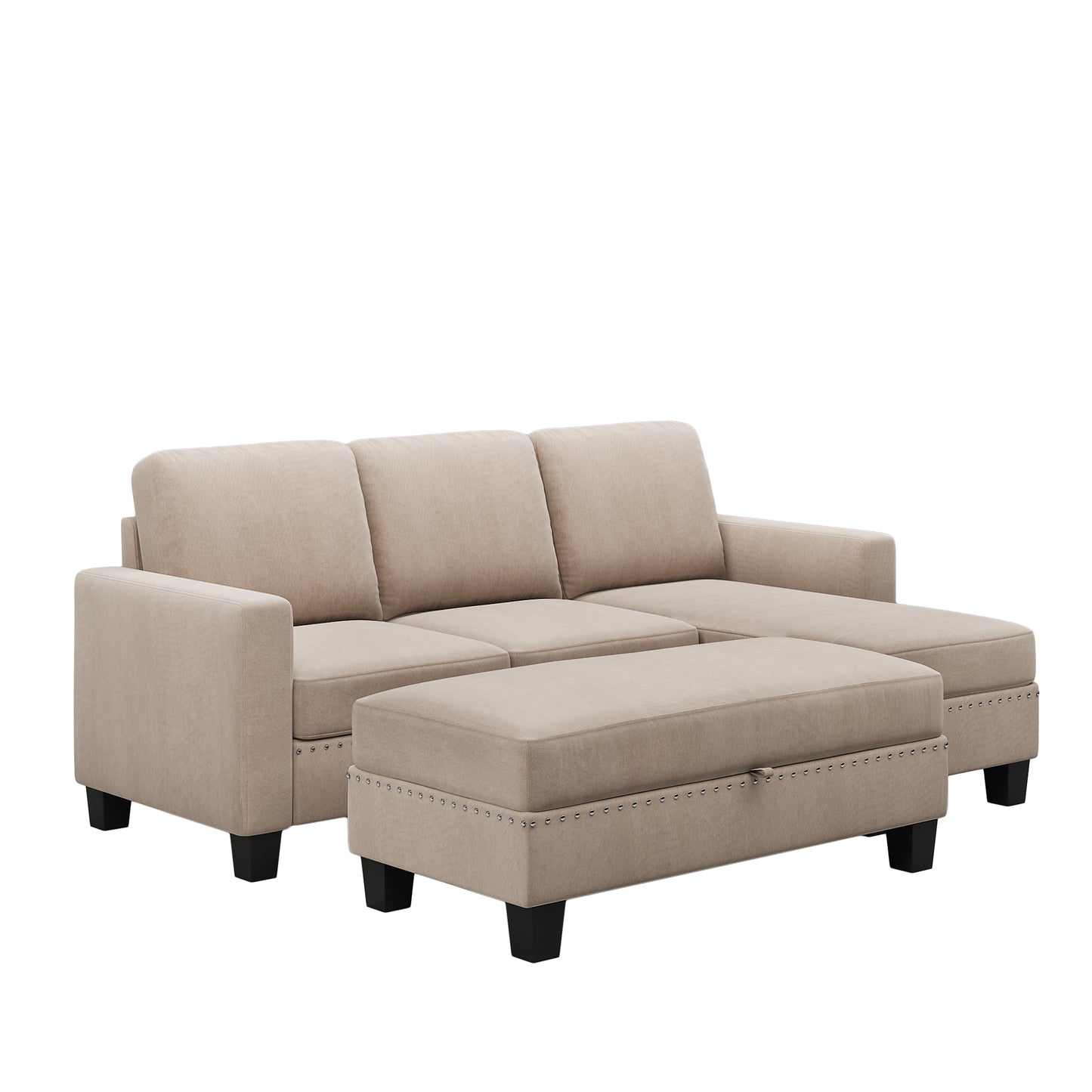[New]81& Nailheaded Textured Fabric 3 pieces,Sofa,Square Ottoman,Rectangle Storage Ottoman,Warm Grey